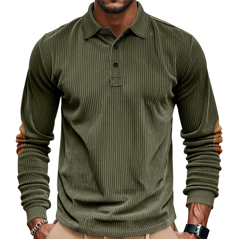 Fashionable Men's Spring/Autumn Corduroy Vintage Loose-Fit Casual Outdoor Long-Sleeved Patchwork Polo Undershirt