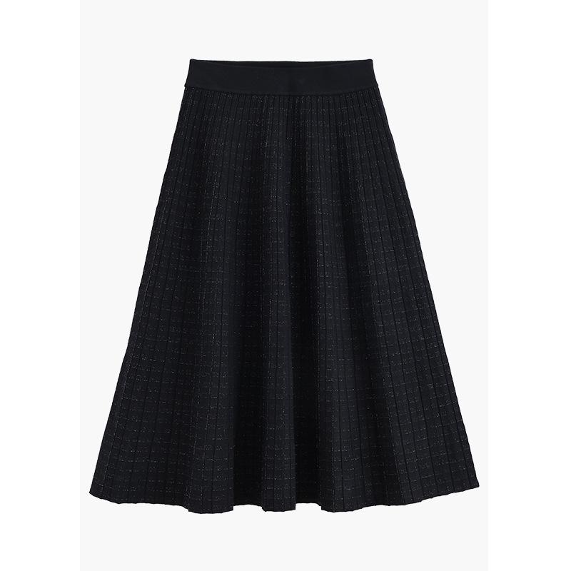 2025 Fall/Winter Coco Style Elegant Knit Midi Pleated Skirt with Elastic Waist M чёрный