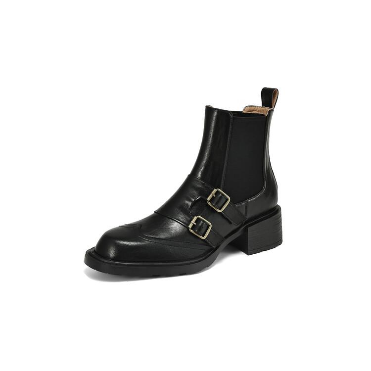 Fashion NEW Autumn Women Boots Round Toe Chunky Heel Shoes Split Leather Shoes for Women Slip-on Ankle Boots Belt Buckle Chelsea Boots