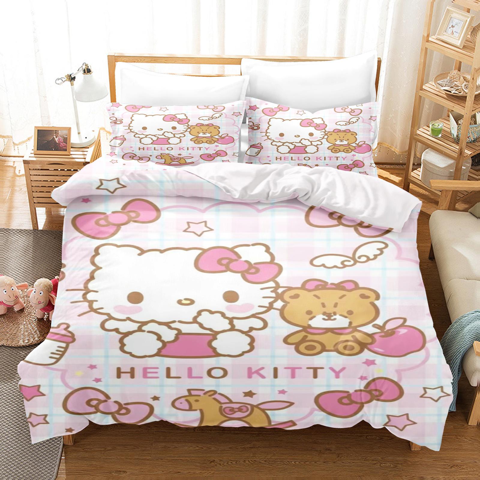

Hello Kitty Спальня Дитячий Набір Постільної Білизни Підковдра Комфорт Королева З Наволочкою Різдвяні Подарунки Дім US Full(200*230cm)3pcs