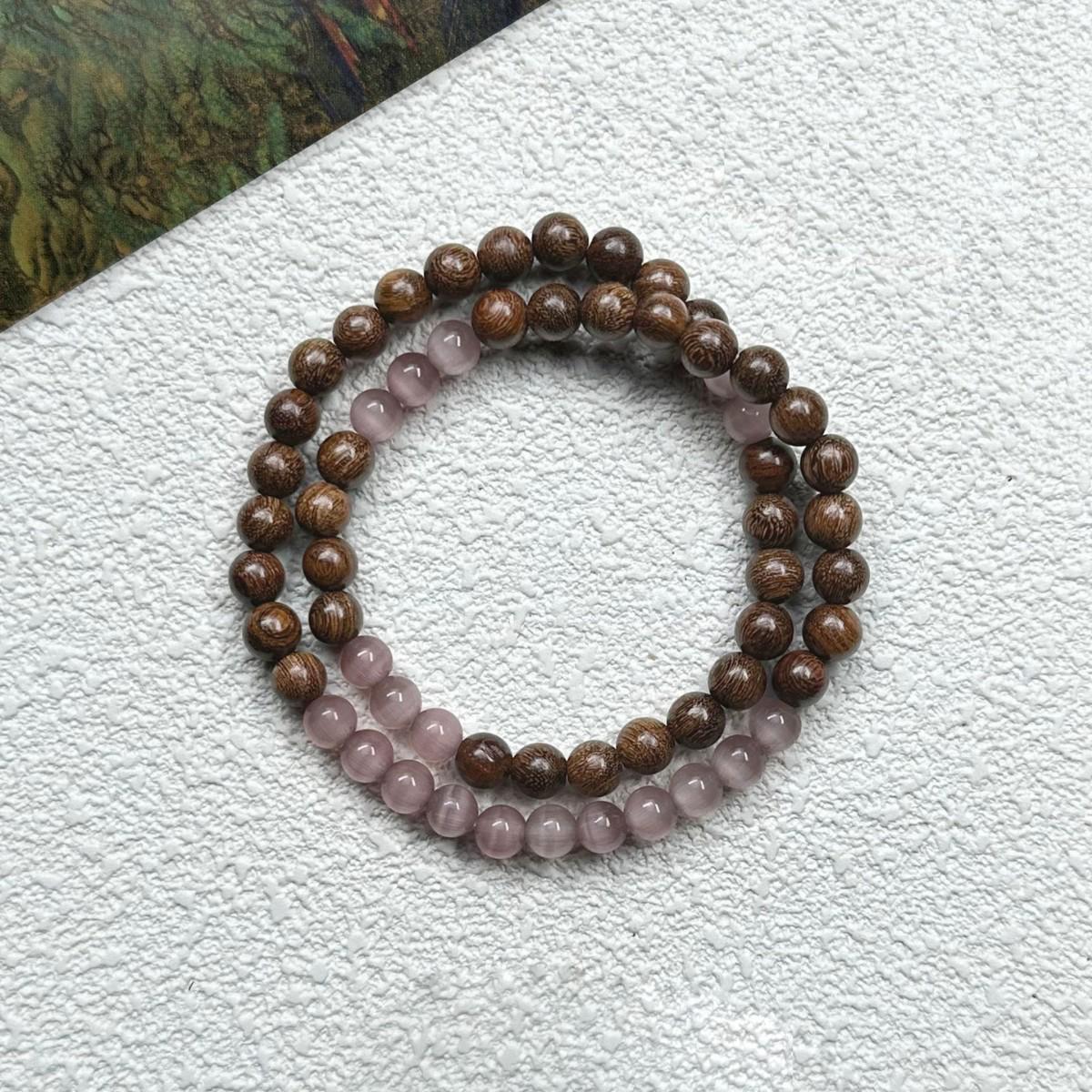 Chinese Cat s Eye Gold Thread Sandalwood Beaded Double Layer Bracelet - Retro Style