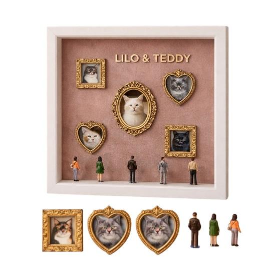 DIY Mini Museum Silhouette Box Personalized Photo Display Shadow Box Frame Kit with Mini Gold Frames Figurines Pet Memorial Gift for Home Bedroom Desk