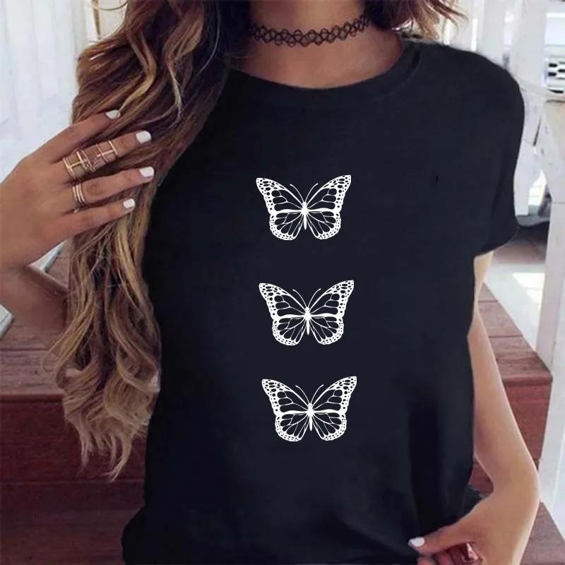 Woman Butterfly Tree Print Harajuku Summer Tshirts Casual Round Neck Short Slee Top Tee Shirt Women Black T-shirt Drop Ship