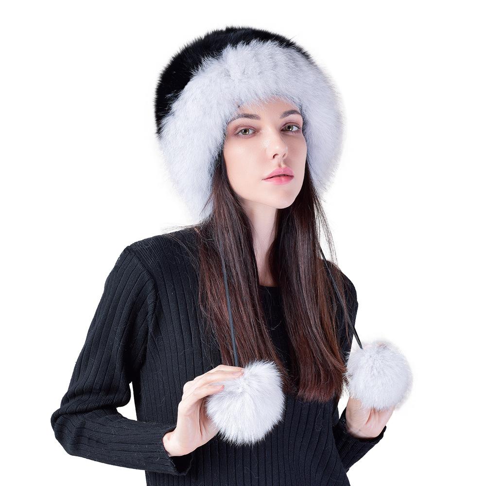Winter hat, female fox fur, leather straw hat, knitted thickened wool hat, sweet and cute, ear protectors to keep warm