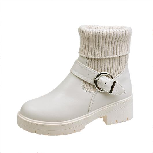 Fashion Shoes for Women Winter Fashion Knitting Velvet Ankle Boots Women Korean Lace-up Platform Botas Warm Square Button Botas De Mujer