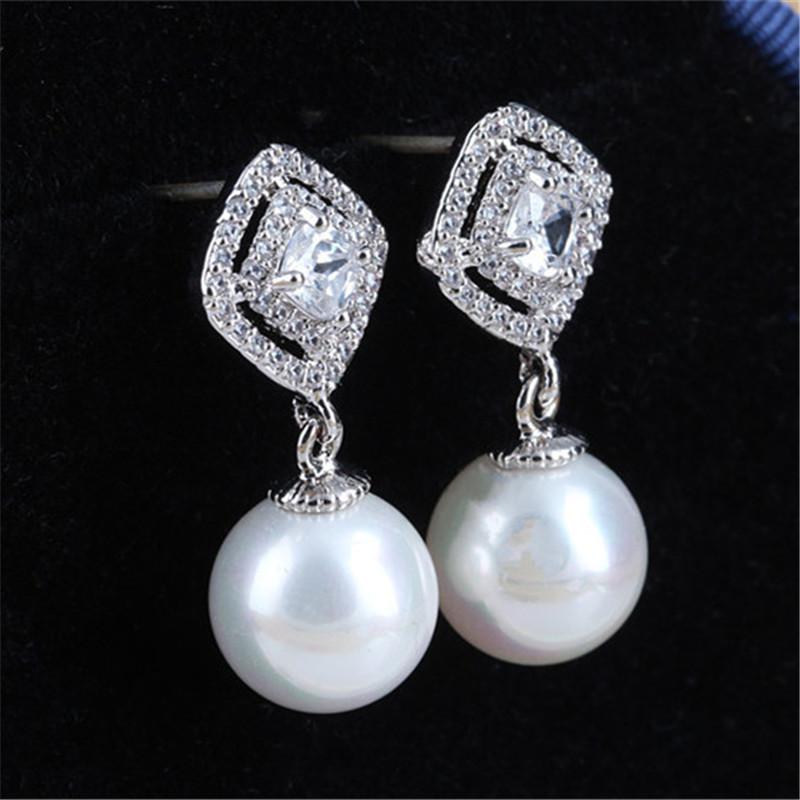 Rongqing Micro Inlay Square Zinc Drop Earrings 925 Sterling Stud Simulated Peals Earrings For Women Wedding Jewelry Gifts