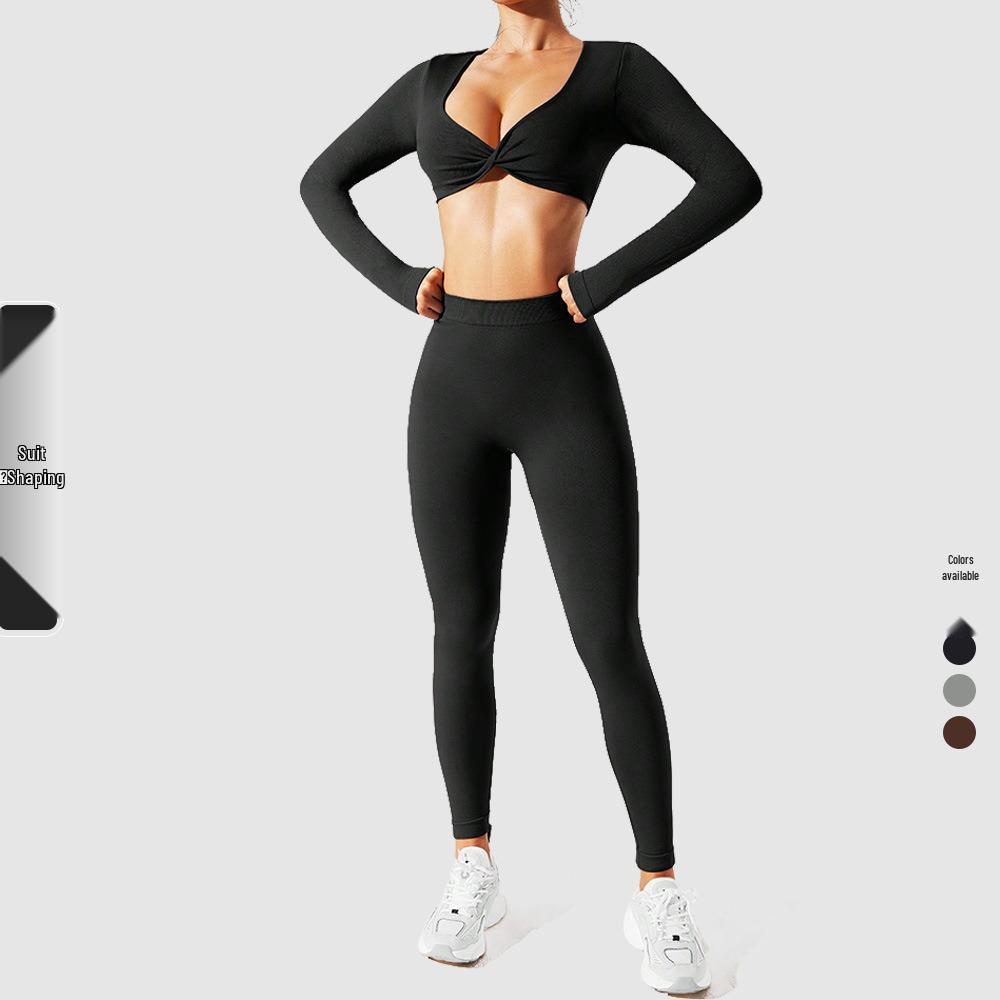 

Европейский и американский спортивный костюм для йоги из двух частей: Сексуальный, облегающий, быстросохнущий костюм с длинным рукавом для бега на открытом воздухе Small чёрный