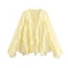 Chiffon Ruffled V-Neck Shirts Top Women Blouse Tee 2026 Summer Sheer Lace-Up High Waist Blouse Elegant Female Shirts Tops
