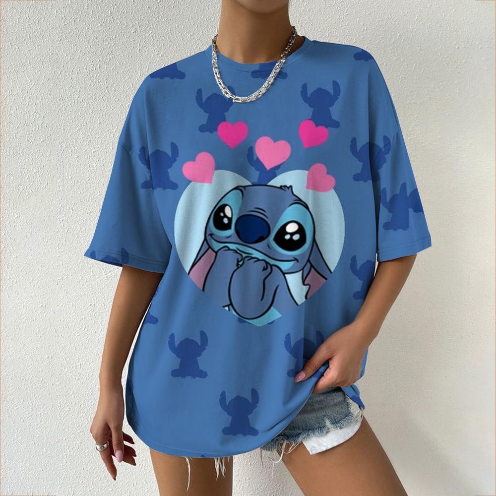 Kawaii Women's T-shirt Disney Lilo&Stitch Casual Y2k T-shirt Round Neck Short Sleeved T-shirt 2025 Summer Women's Clothing