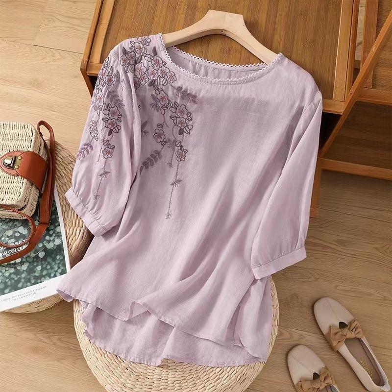 Summer New Thin Crew Neck Shirt Embroidered Literary and Thin Retro Loose Short-sleeved T-shirt