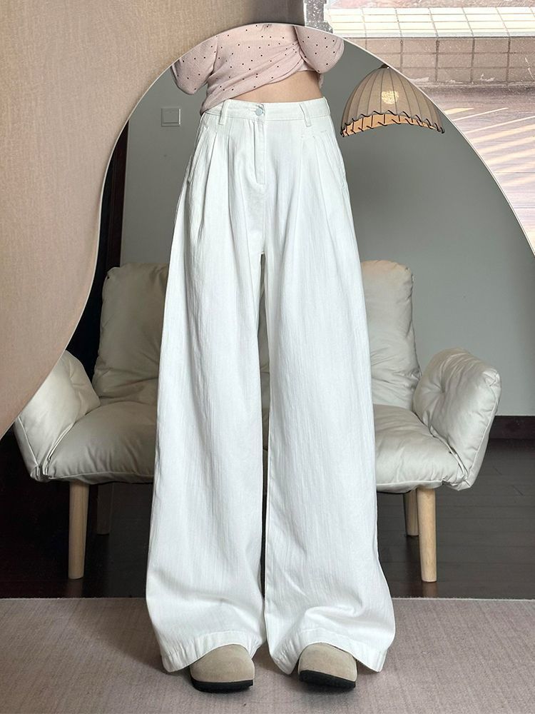 Black Big Yards Loose Jeans Women's Meat Covering Folded Texture Design Sense of Dragging The Ground Wide-legged Straight Trousers Long Denim Pants