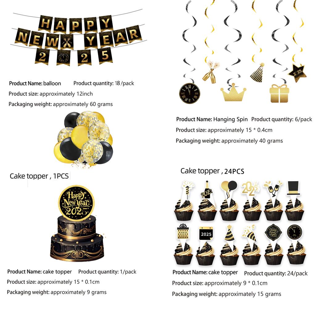 New Years Eve Tableware 2025 Black Gold Theme Balloon Package Cup Napkin Tablecloth Banner Balloon Happy New Year Party Supplies