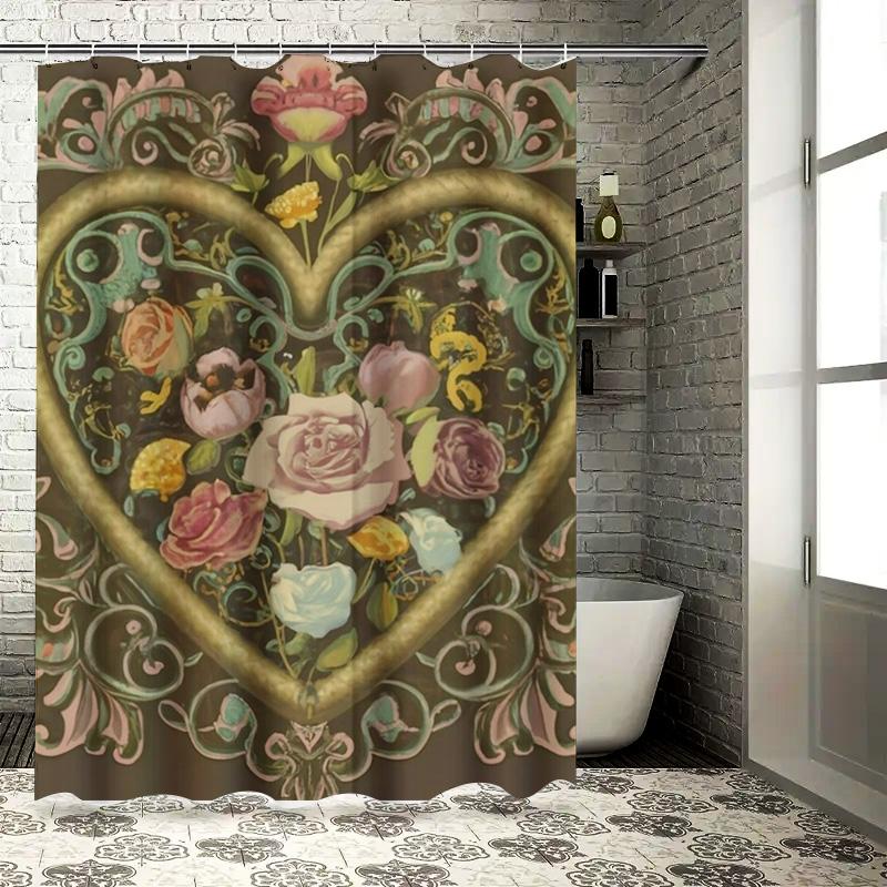 Vintage Heart Floral Shower Curtain - Romantic Rose And Vine Design For A Waterproof And Unique Bathroom Dcor Set