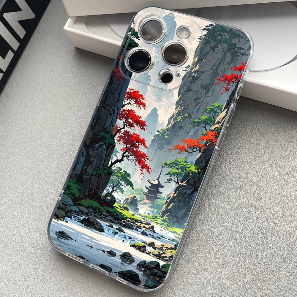 Landscape Painting Transparent Back Phone Case For iPhone 17 16 15 13 12 11 14 Pro Max Mini Plus Silicone Bumper