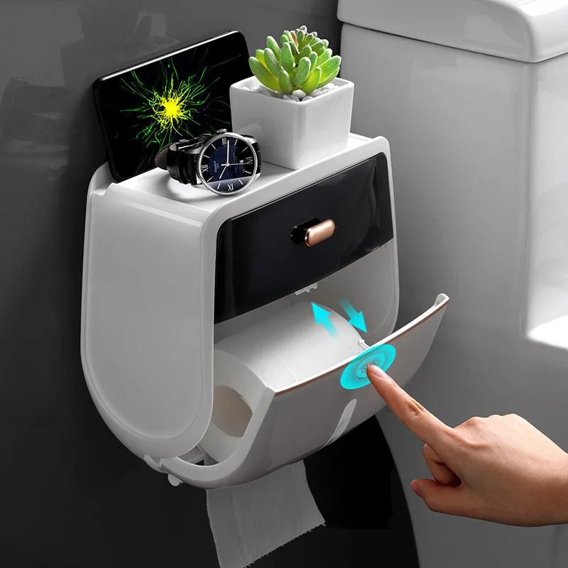 Toilet Roll Paper Holder Double Layer Large Capacity Storage Box Wall Mounted Waterproof Tissue Box Bathroom Accessories Shelf