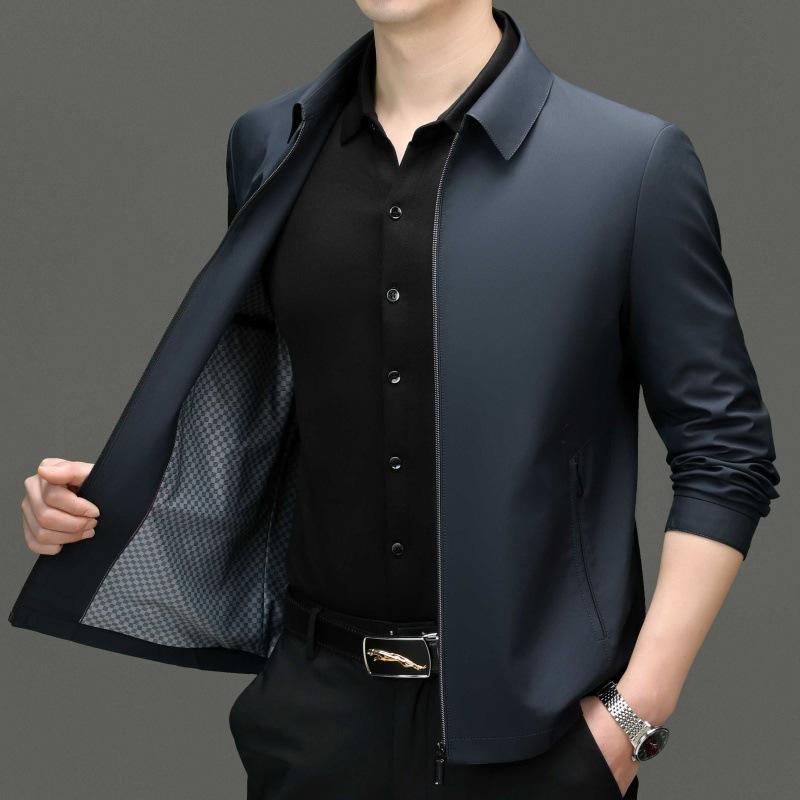 Spring and Autumn Men's Lapel Casual Thin Jacket Middle-aged Dad's Short Business Administrative Cadre Non-ironing Jacket