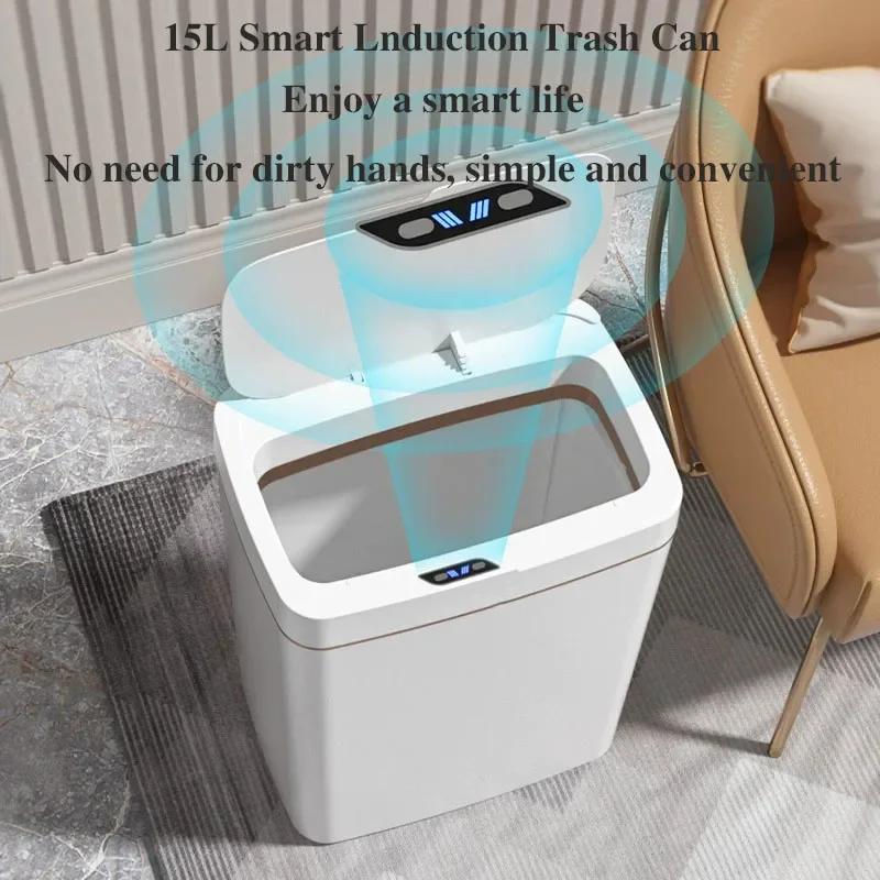 15L Touchless Smart Trash Can Waterproof Sensor Waste Bin Auto Sealing Kitchen Bathroom Bedroom Modern Waste Container