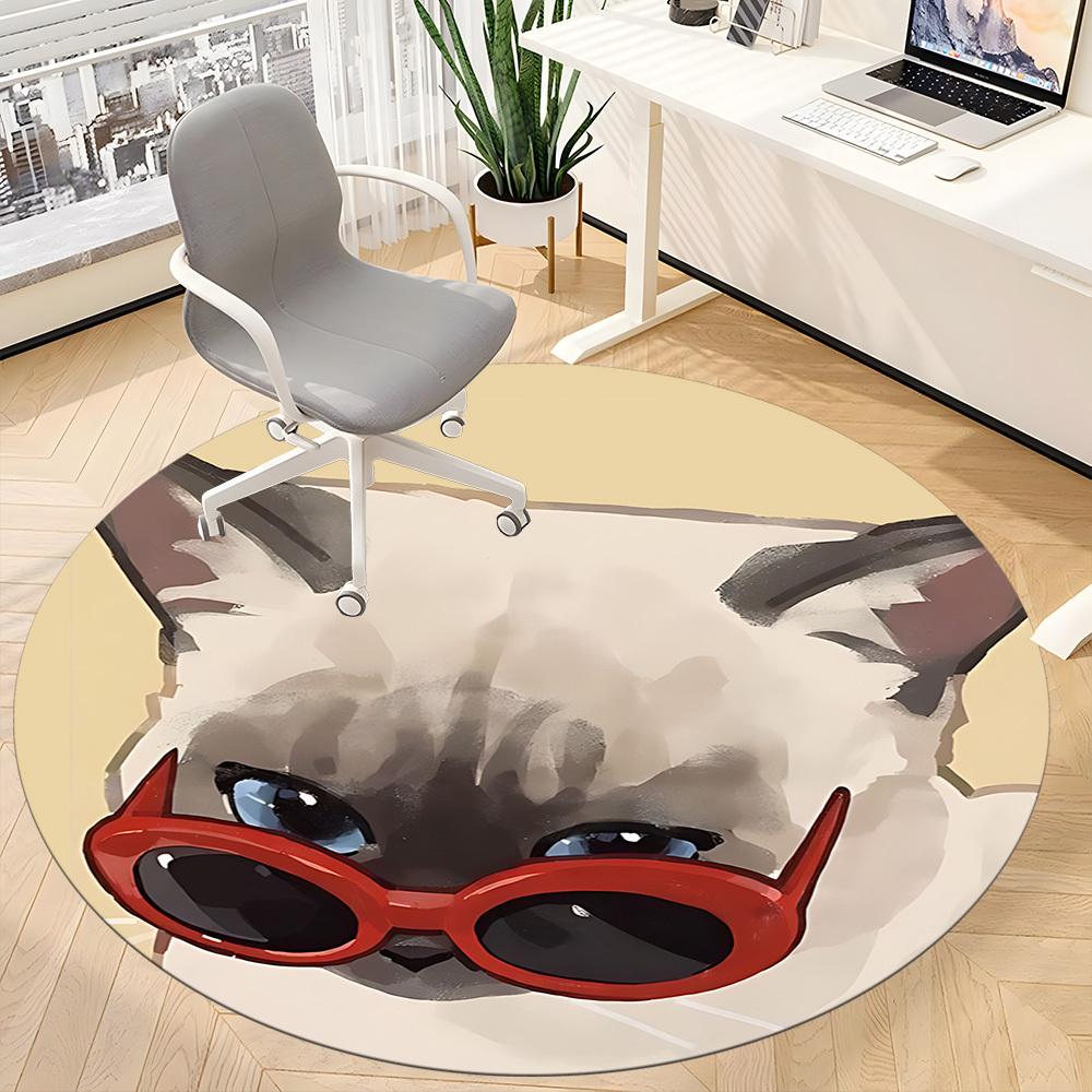 1PC Cat Sunglasses Office Round Area Rug, Mat Suitable ForOffice, Under Office Chairs Bedroom Living Room Home Decor, Room Deco