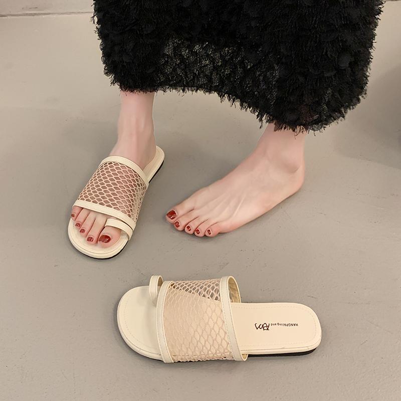 Fashion 2025 New Women's Elegant Slippers Flat Sole Large Mesh Upper Square Toe Women's Fashionable Dress Daily Commute Roman Shoes