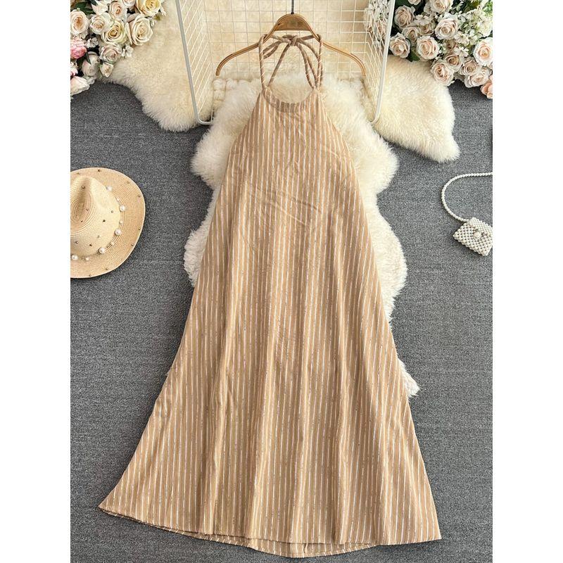 Summer Open Back Sling Loose Stripes Dress Halterneck