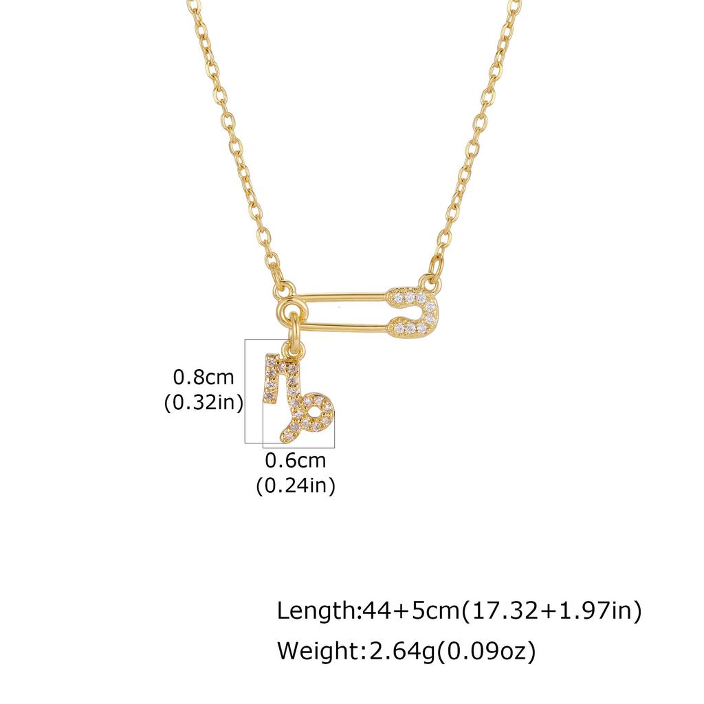 Zodiac Necklace Gold Plated Stainless Steel Chain Safety Pin 12 Constellation Horoscope Pave CZ Pendant Waterproof