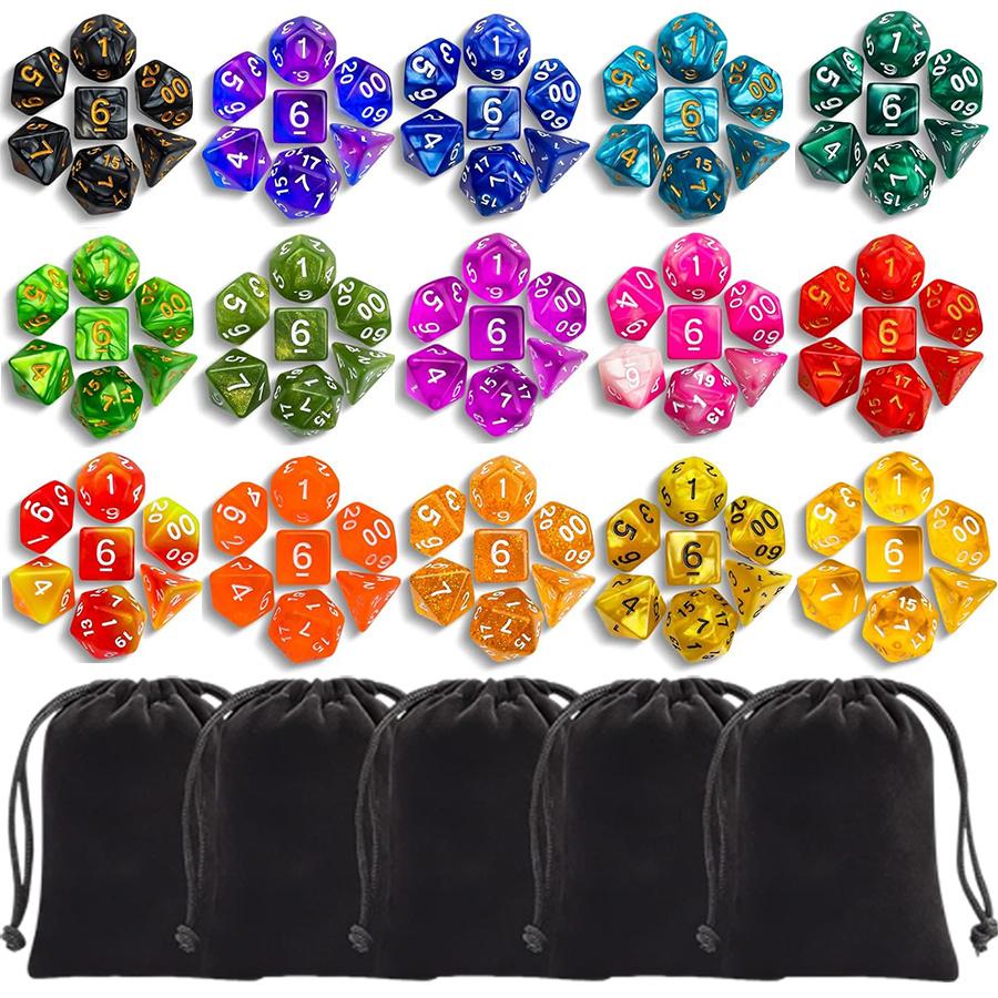 35 Polyhedral Dice with 5 Black Pouches, 5 Complete Colors Dice Sets of D4-D20 Compatible with DND RPG Table Games JXB