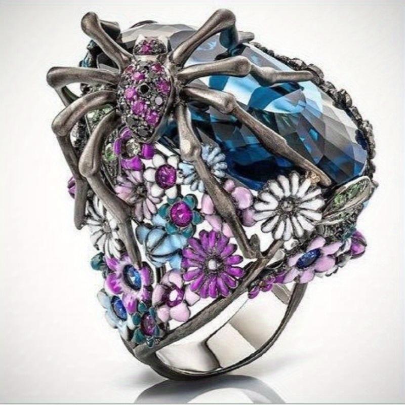 Exaggerated spider flower ring, blue stone flower shape, suitable for independence day, party, personalized eye-catching