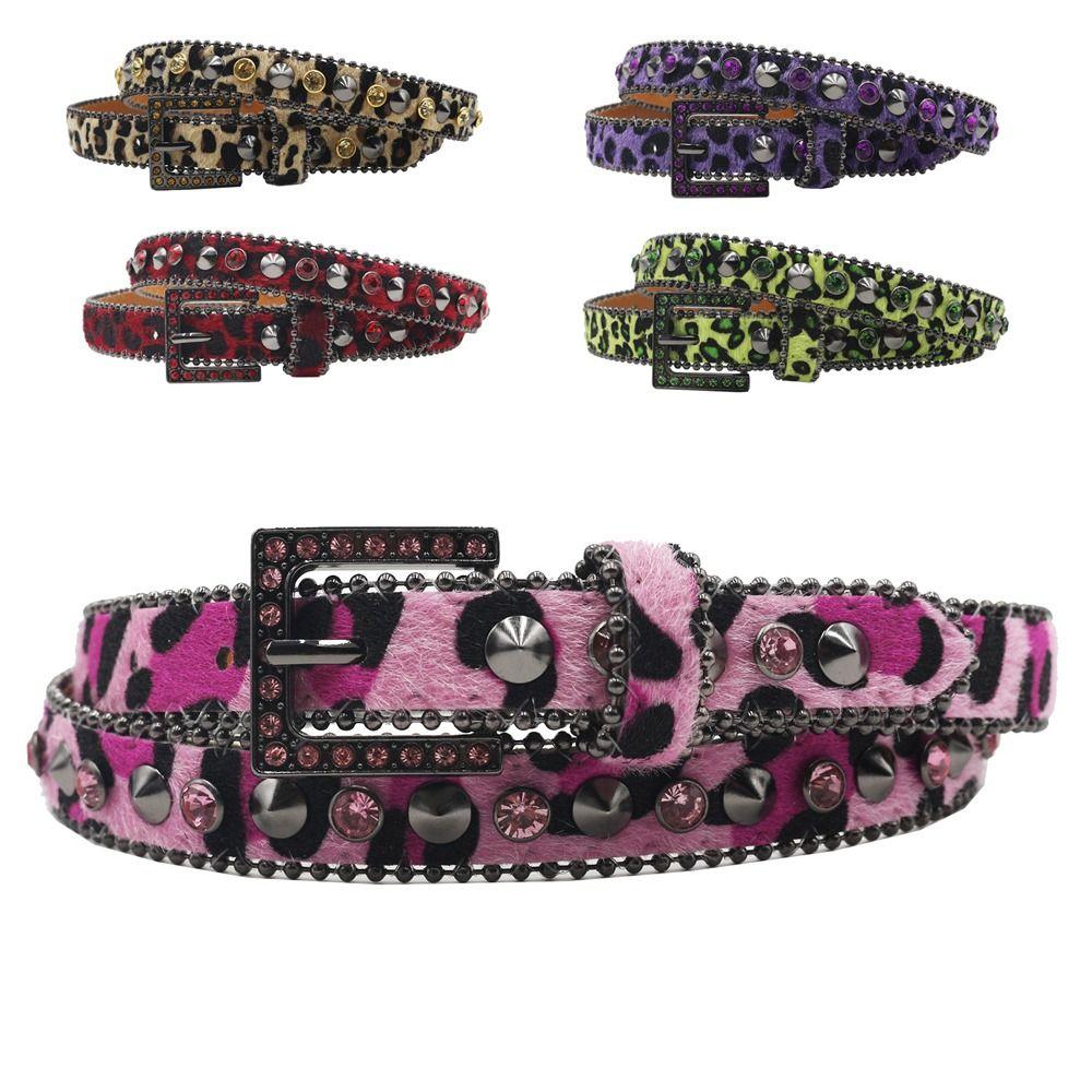 Leopard Gothic Waist Belts With Shine Rhinestone Punk Waistband Leather Belt  for Women Girls