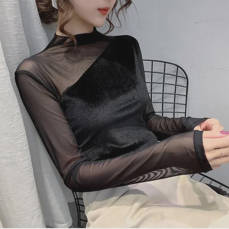 Lace Semi-high Neck Gold Velvet Splice Top with Mesh Sleeves for Women