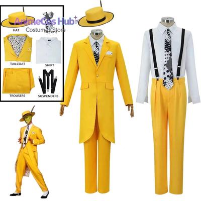 Movie The Mask Cosplay Costume Jim Carry Cosplay Yellow Uniform Carnival Party Suit Hat Green Mask Halloween Carnival Costume