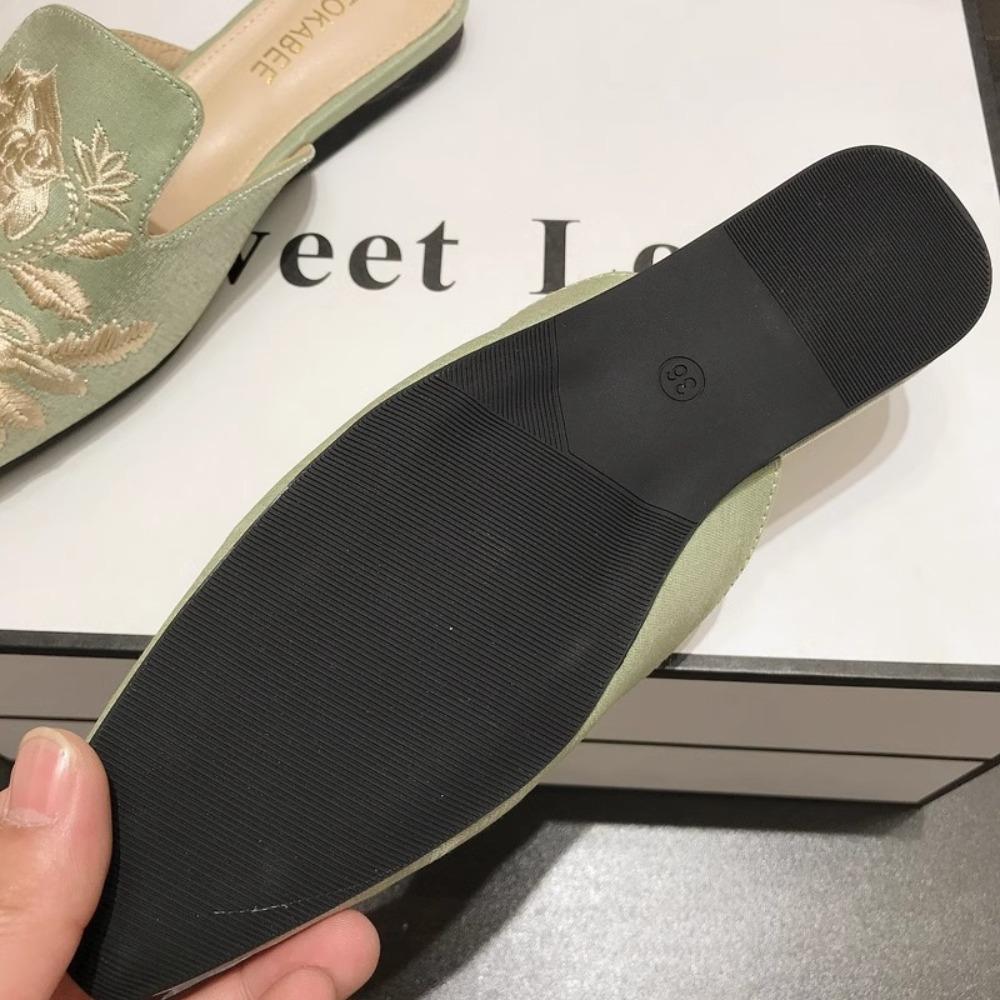 Women's Mules Embroidered Bag Head Half Slippers Women's Outer Wear Spring and Summer Retro Versatile Flat Soled Muller Shoes