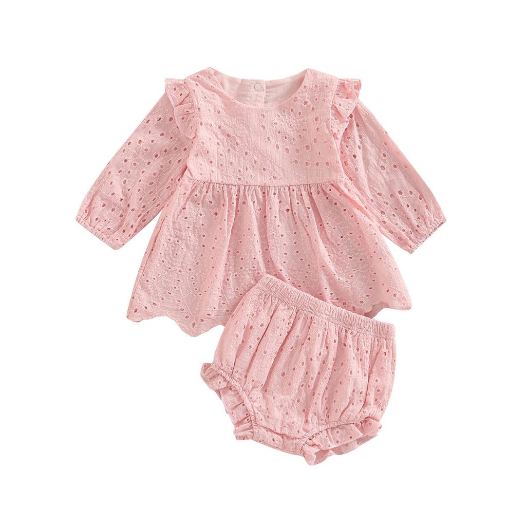 Toddler Baby Girls Clothes Set Solid Color Cutout Round Neck Long Sleeve T-shirt Tops and Elastic Casual Ruffle Shorts