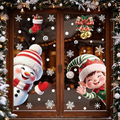 New Blue Christmas Window Clings Static Sticker Set With Bells Reindeer Santa Snowflakes Snowman For Holiday Party Decor