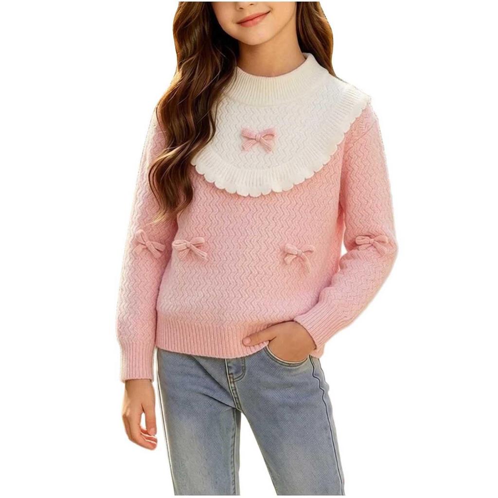 Girls' Knit Sweater with Round Neck Long Sleeve Pullover