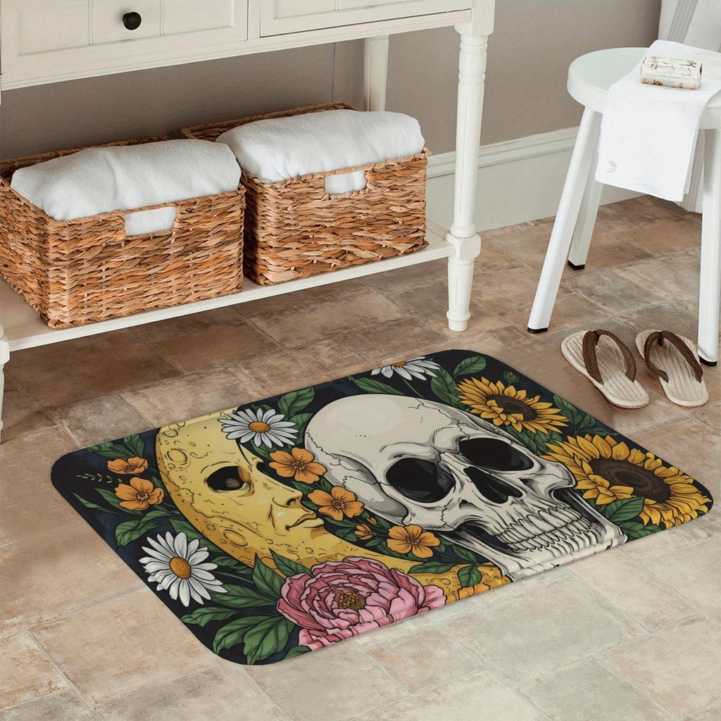 1PC Halloween Skull Flower Kitchen Rug Non-Slip Door Mat Pop Design Bathroom Rug Bath Mat Carpet for Home Sink Laundry Decor