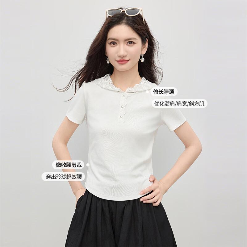 

Lace Trim Hooded Short Sleeve T-Shirt for Women M