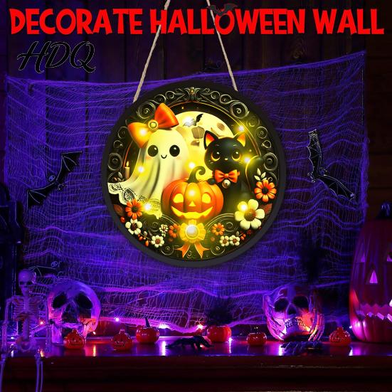 Halloween Holiday Decorations LED Glowing Hanging Decor Acrylic Window Ornament with Light Spooky Durable Signs Sign for Door Wall Haunted
