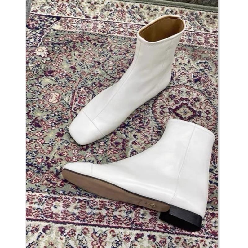 Leather Square Head Low Heel Martin Boots New Versatile Bare Boots Rear Zipper Short Boots Women