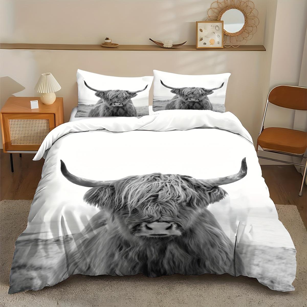 

Highland Cow Digital Printing Quilt Cover Bedding Set Quilt Cover European And American Animal Three-Piece Set EU King 220*240