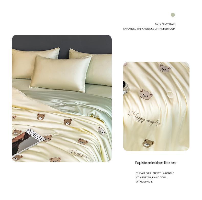 Summer Embroidery Silky Quilt Set – 4-Piece Bedding for Single/Double, Includes Bare Sleep & Air Conditioning Quilts