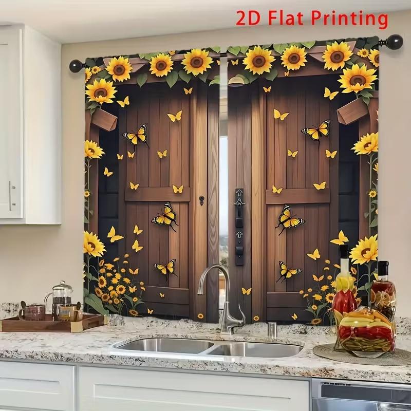 2 Pcs Wooden door sunflower print curtains,suitable for bedroom,living room kitchen decoration,home decoration,window decoration