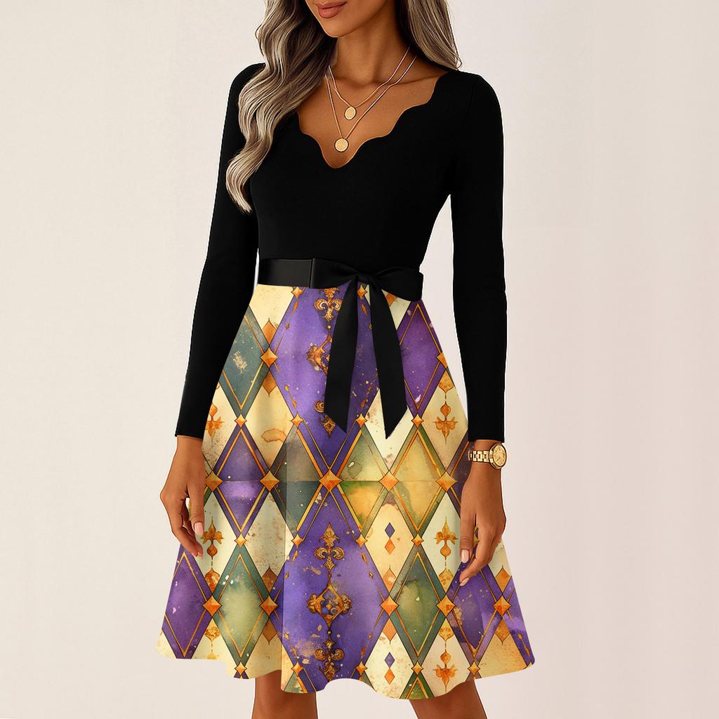 Dámské ležérní módní šaty s výstřihem do V, dlouhým rukávem, s potiskem, vintage, dlouhé