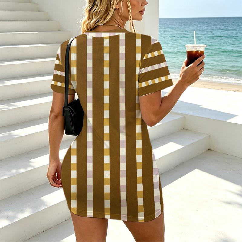 Bodycon Short Dress, V-Neck Short Sleeve, Minimal Stripe, Soft Form-Fitting Fabric Versatile for Vacation, Daily Casual & Night Market