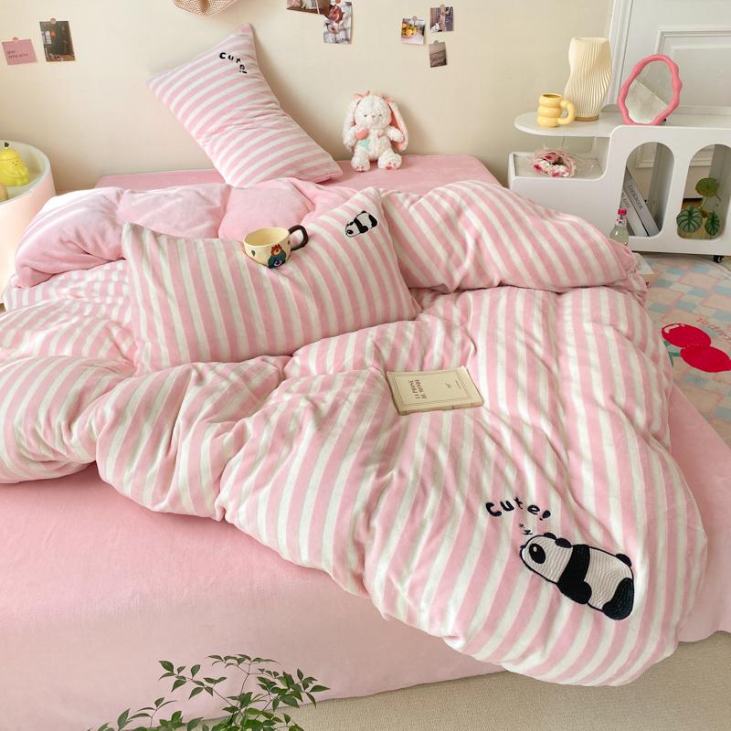 Small Fresh Skin-friendly and Comfortable Cartoon Wind Milk Fleece Striped Sticker Embroidery Four-piece Set