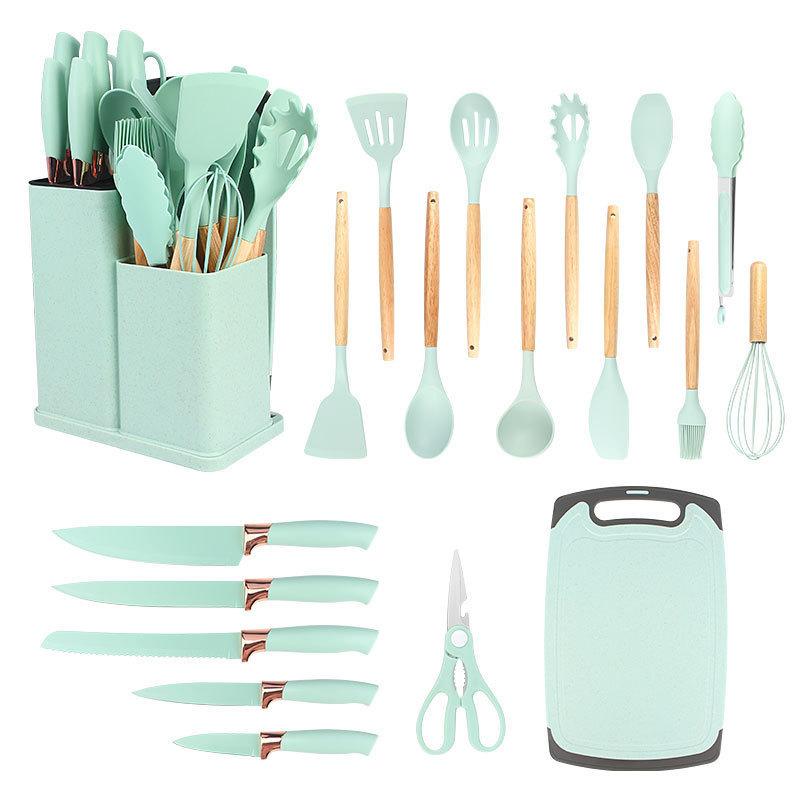 19 Piece Silicone Kitchenware Set Cooking Utensil Set Wooden Handle Spatula Spoon Stainless Steel Knife Set with Storage Bucket