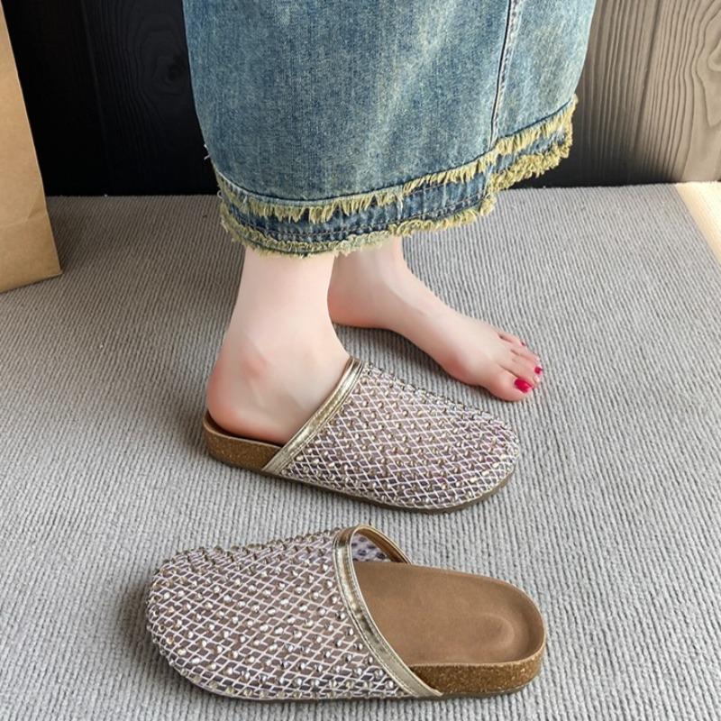 Fashion Platform Baotou Cool Slippers for Women in Summer Wear New Round-toe Feng Rhinestone Mesh Slip-on Non-slip Flat Shoes