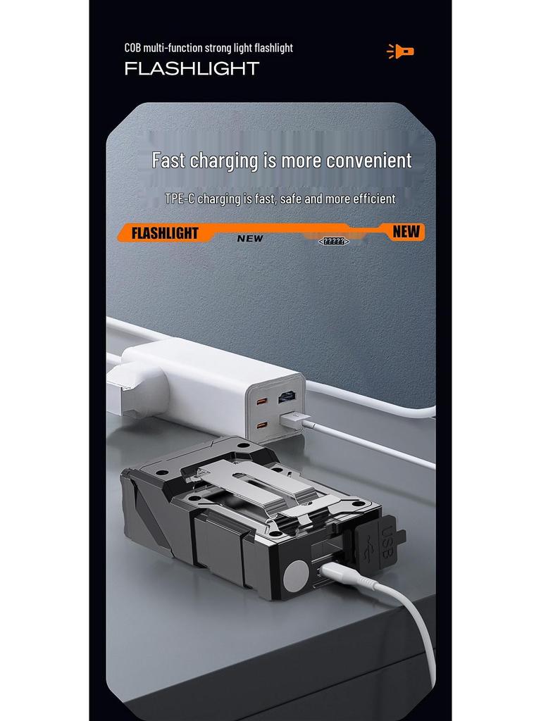 Portable Multi-Functional Rechargeable Flashlight with Rotating Head, Side Light, Red/Blue Burst Flash, and Magnetic Base for Outdoor Use.