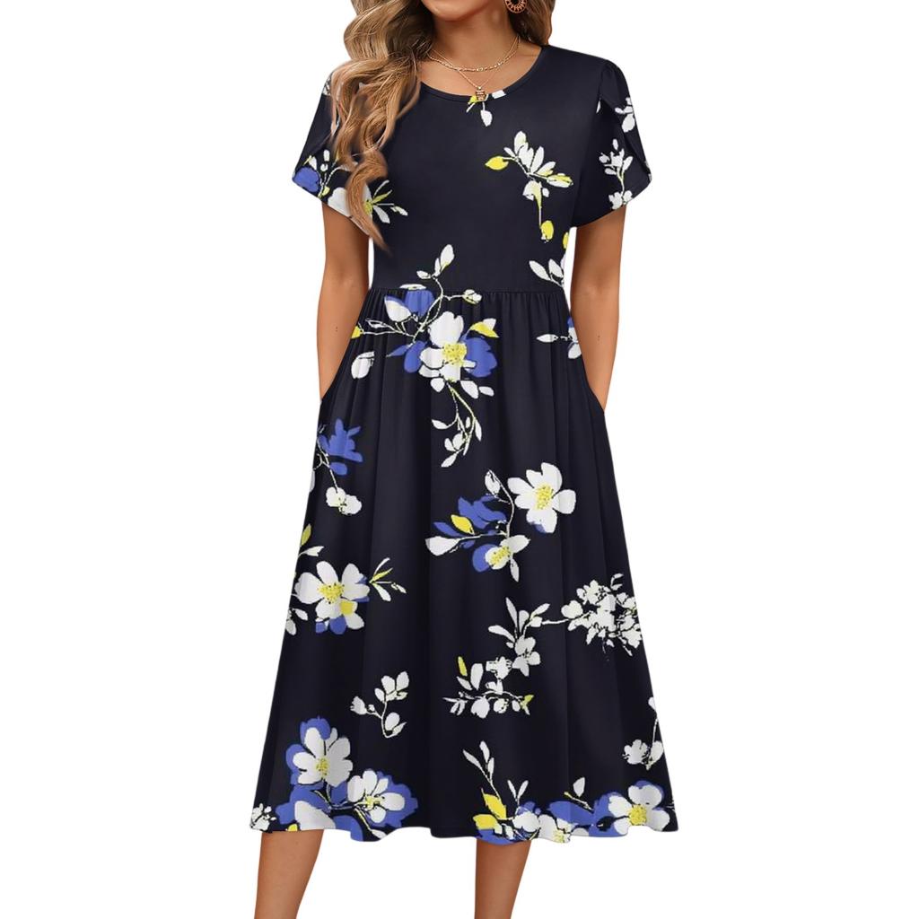 Damenmode Sommer Rundhals Kurzarm Blumendruck Strandkleider