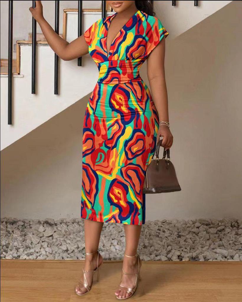 Podzimní dámské dlouhé šaty s potištěným výstřihem do V a vysokým pasem pro rok 2024