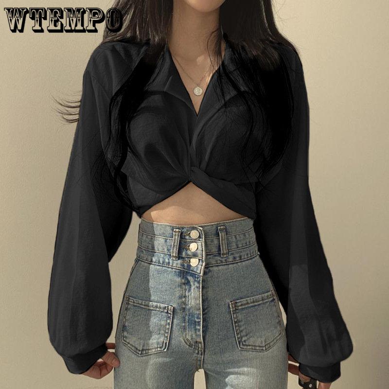 WTEMPO Vintage Streetwear Harajuku Bluze pentru femei Coreeană la modă Negru Alb Gri Cămăși cu mânecă lungă Tunica Chic Topuri decupate
